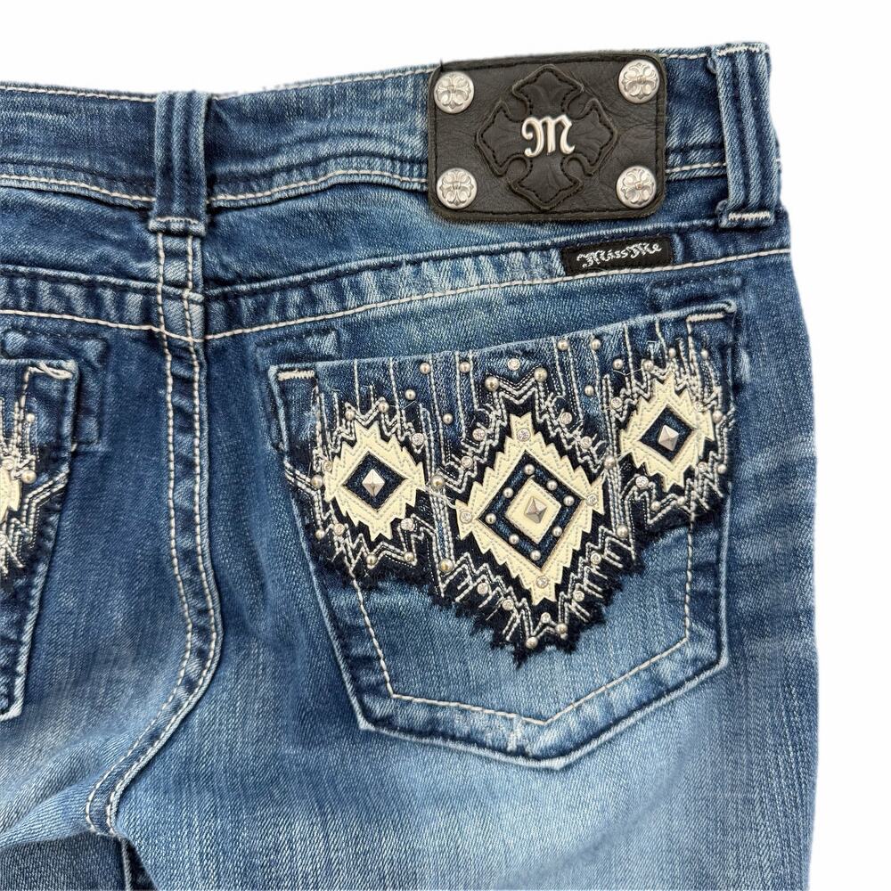 Miss Me Boot Cut Embellished Aztec Studded Dark Wash Fade Mid Rise Denim Jeans